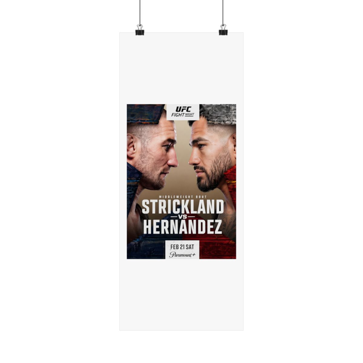 Framed UFC Fight Night poster featuring Strickland vs. Hernandez. The poster shows two fighters facing each other, with event details and the Paramount+ logo at the bottom. The colour scheme includes... - UFC official Posters & Wall Art merch