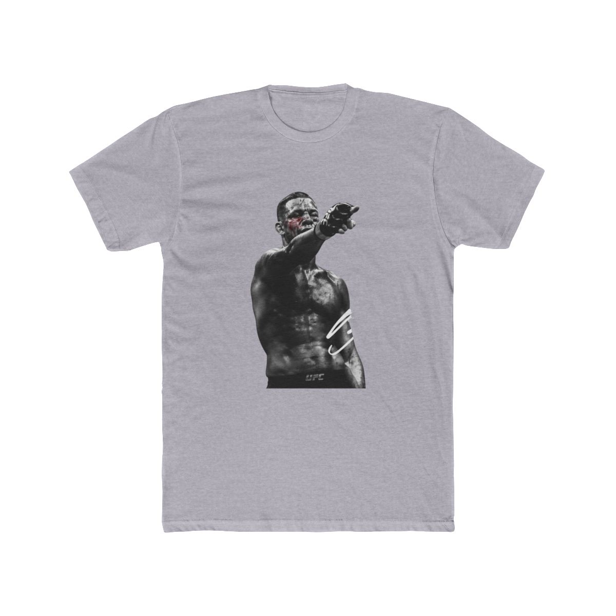 Black T Shirt with a black and white image of a fighter with blood on his face, pointing. The fighter wears black gloves and shorts with the UFC logo. A white signature is on the right side of the...