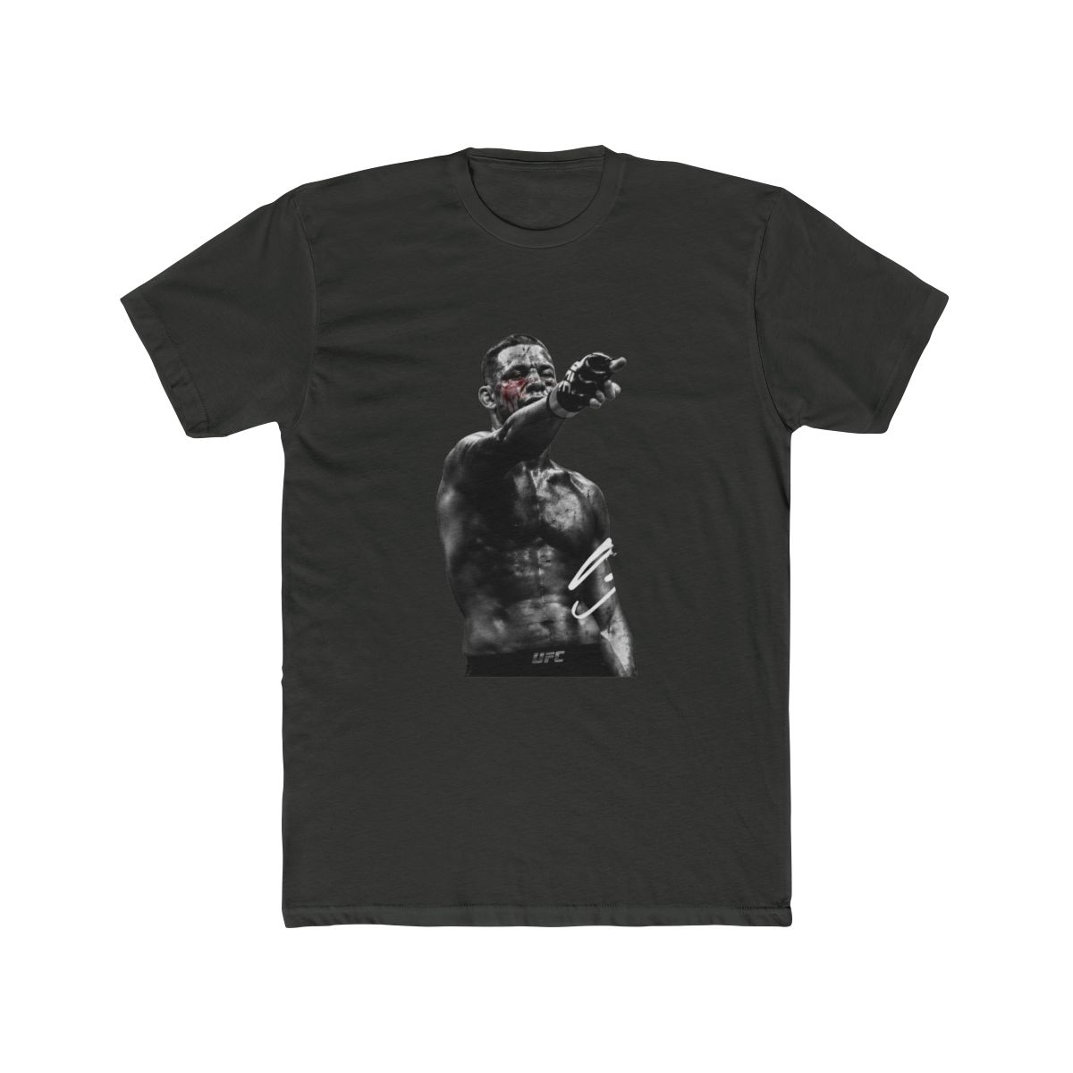 Black T Shirt with a black and white image of a fighter with blood on his face, pointing. The fighter wears black gloves and shorts with the UFC logo. A white signature is on the right side of the... - alternate angle 5, merchandise