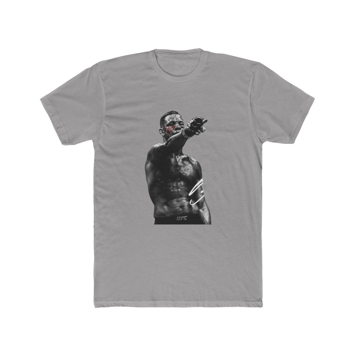 Black T Shirt with a black and white image of a fighter with blood on his face, pointing. The fighter wears black gloves and shorts with the UFC logo. A white signature is on the right side of the... - Official T-Shirts merchandise