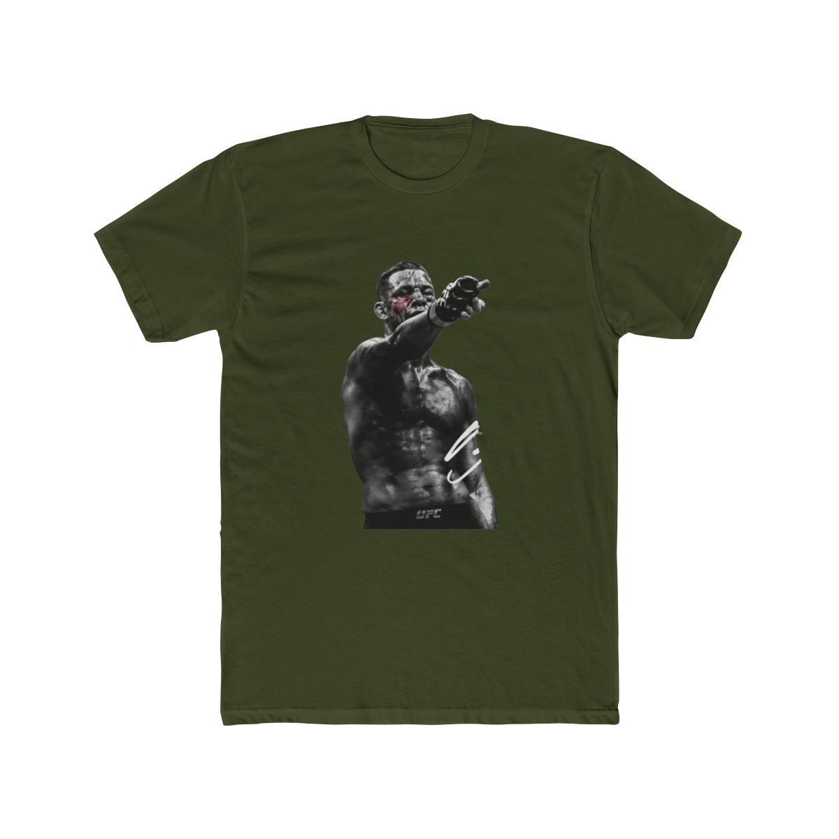 Black T Shirt with a black and white image of a fighter with blood on his face, pointing. The fighter wears black gloves and shorts with the UFC logo. A white signature is on the right side of the... - alternate angle 4, merchandise