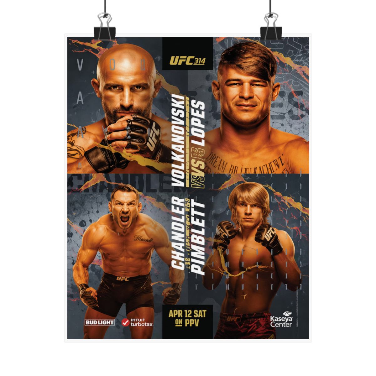 A poster advertising a UFC fight card featuring Chandler vs. Pimblett and Volkanovski vs. Lopes. The poster is black and gold with the UFC logo and the fighters' names in large white letters. The... - UFC official Posters & Wall Art merch