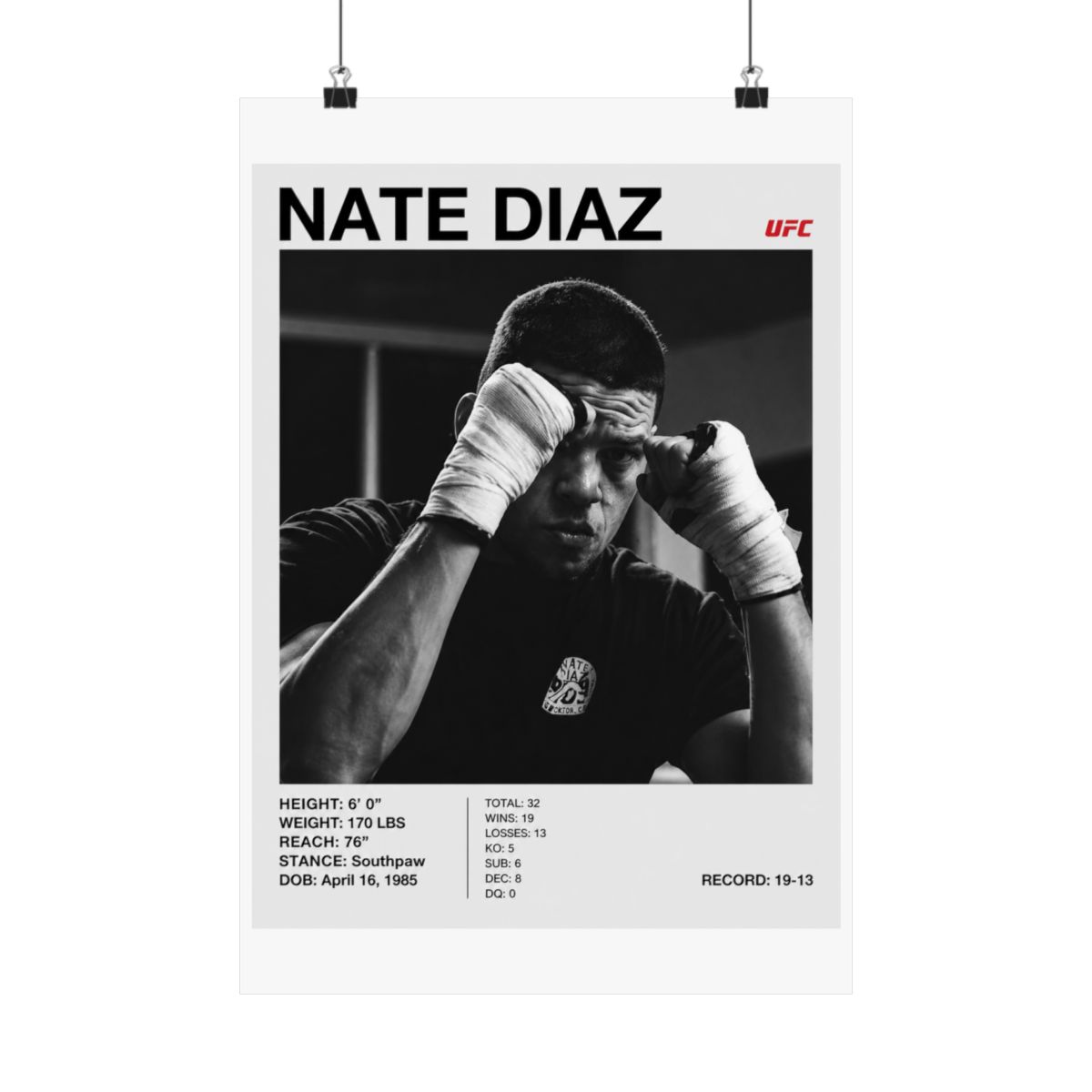 Black and white poster featuring Nate Diaz, a UFC fighter, with the UFC logo. The poster includes Diaz's height, weight, reach, stance, date of birth, and record. Diaz is shown with wrapped hands - alternate angle 1, merchandise