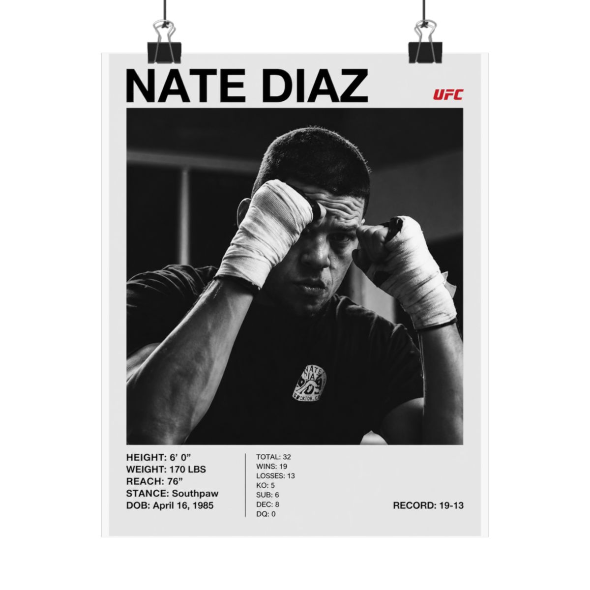 Black and white poster featuring Nate Diaz, a UFC fighter, with the UFC logo. The poster includes Diaz's height, weight, reach, stance, date of birth, and record. Diaz is shown with wrapped hands - alternate angle 3, merchandise