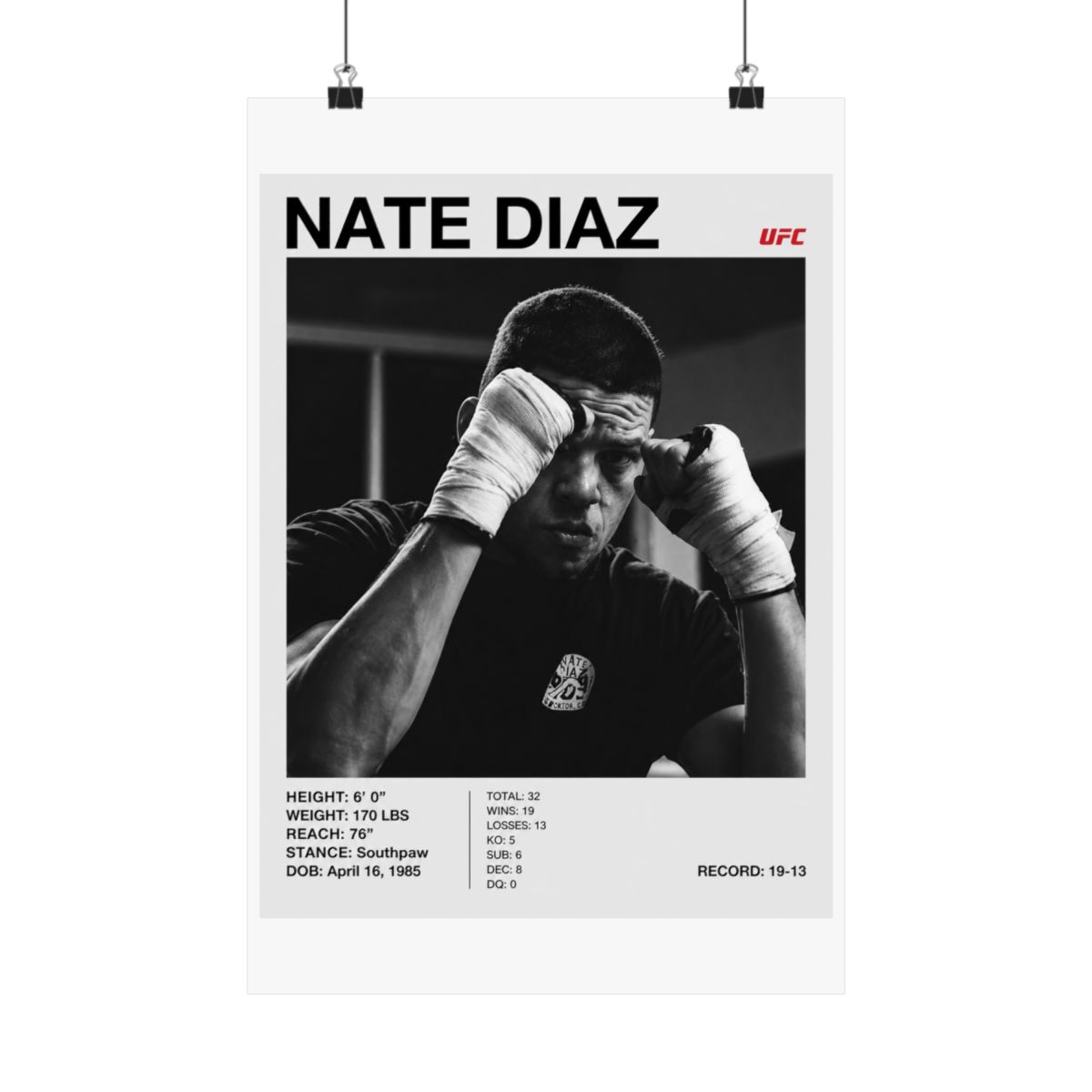 Black and white poster featuring Nate Diaz, a UFC fighter, with the UFC logo. The poster includes Diaz's height, weight, reach, stance, date of birth, and record. Diaz is shown with wrapped hands - alternate angle 4, merchandise