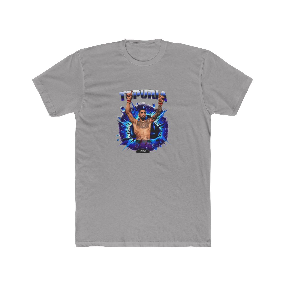 Black T Shirt with a graphic of a man with raised arms, breaking through a blue and purple burst. The word "TOPURIA" is across the top, with "2002 FIGHT" below. The shirt is displayed on a wooden... - alternate angle 5, merchandise