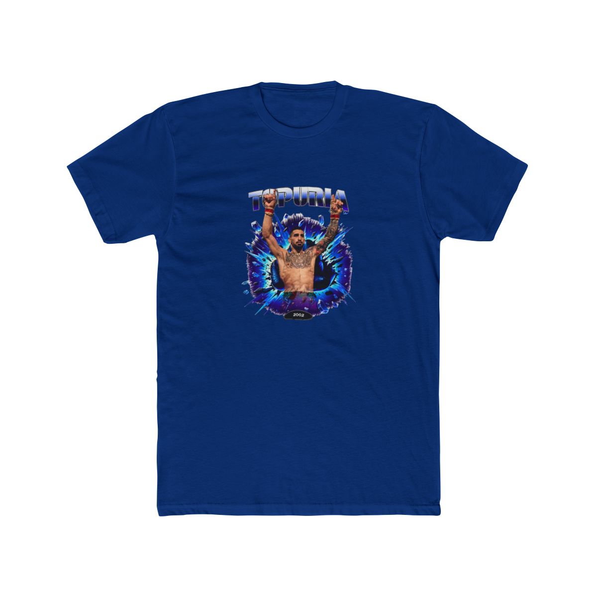 Black T Shirt with a graphic of a man with raised arms, breaking through a blue and purple burst. The word "TOPURIA" is across the top, with "2002 FIGHT" below. The shirt is displayed on a wooden... - Official T-Shirts merchandise
