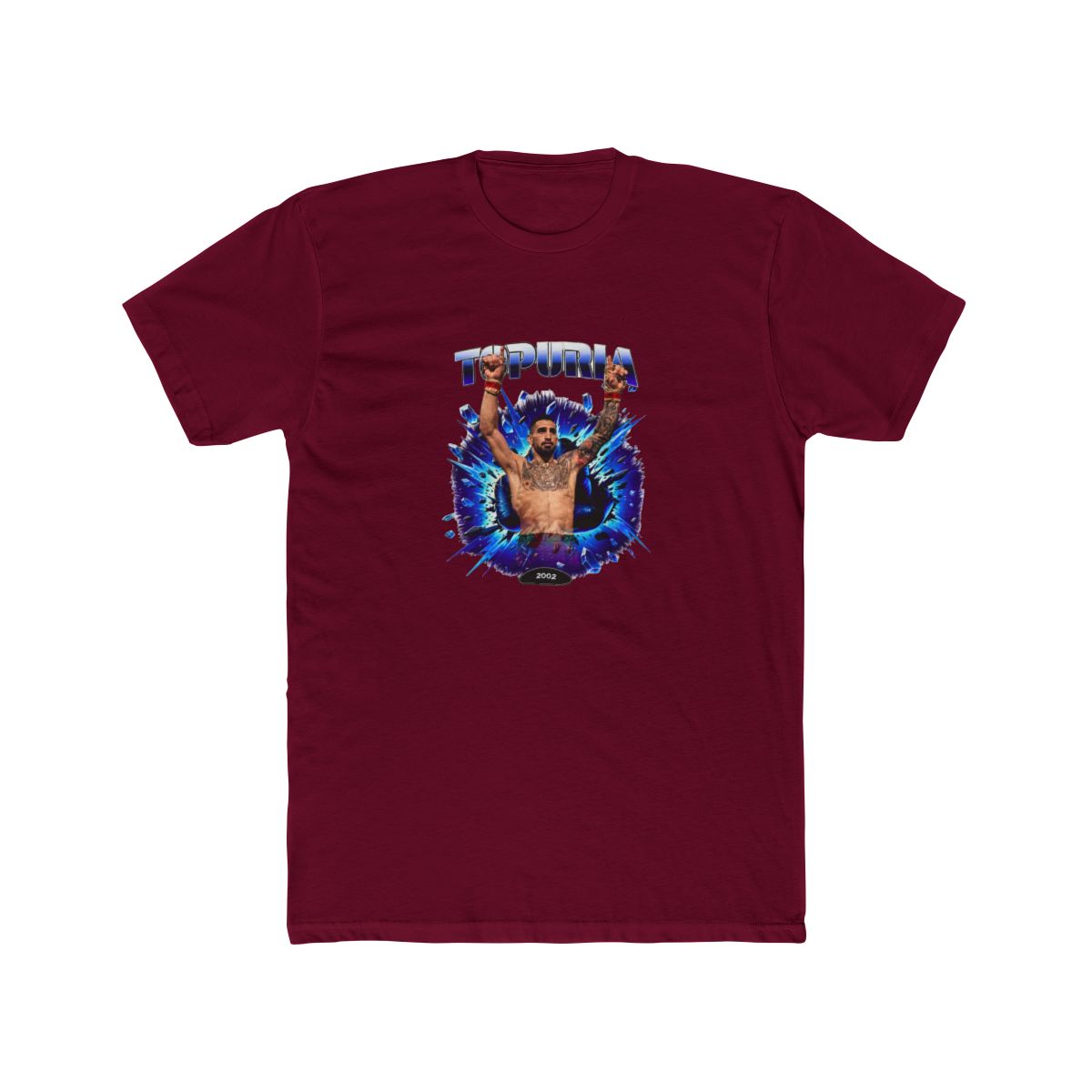 Black T Shirt with a graphic of a man with raised arms, breaking through a blue and purple burst. The word "TOPURIA" is across the top, with "2002 FIGHT" below. The shirt is displayed on a wooden... - alternate angle 4, merchandise